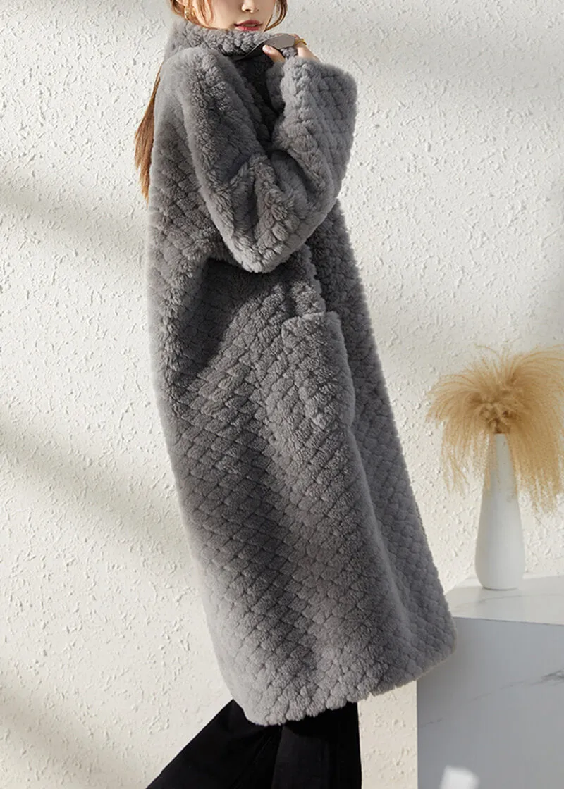 Gray Single Breasted Wool Fleece Long Coat