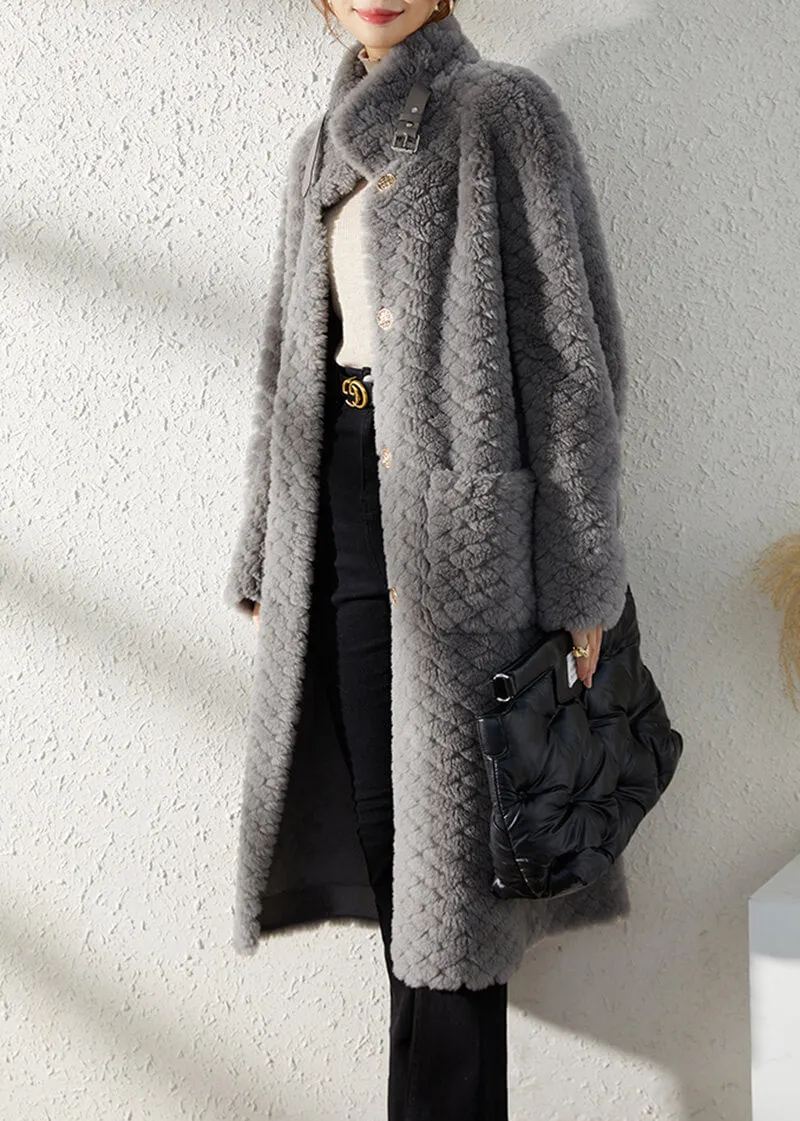 Gray Single Breasted Wool Fleece Long Coat