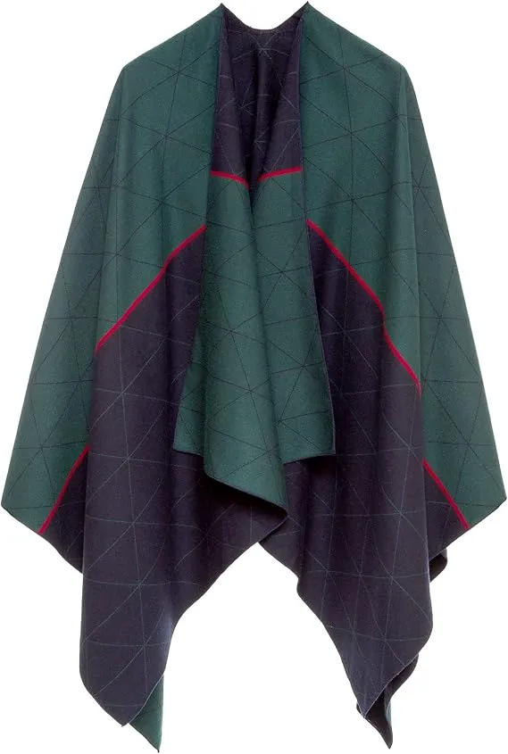 Green-Navy Luxurious Knit Sweater Poncho Cardigan