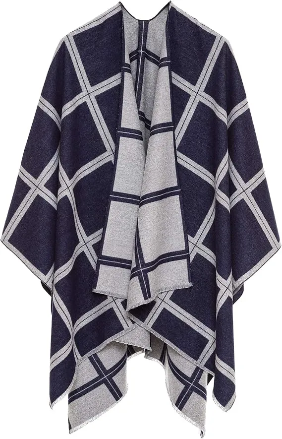 Green-Navy Luxurious Knit Sweater Poncho Cardigan