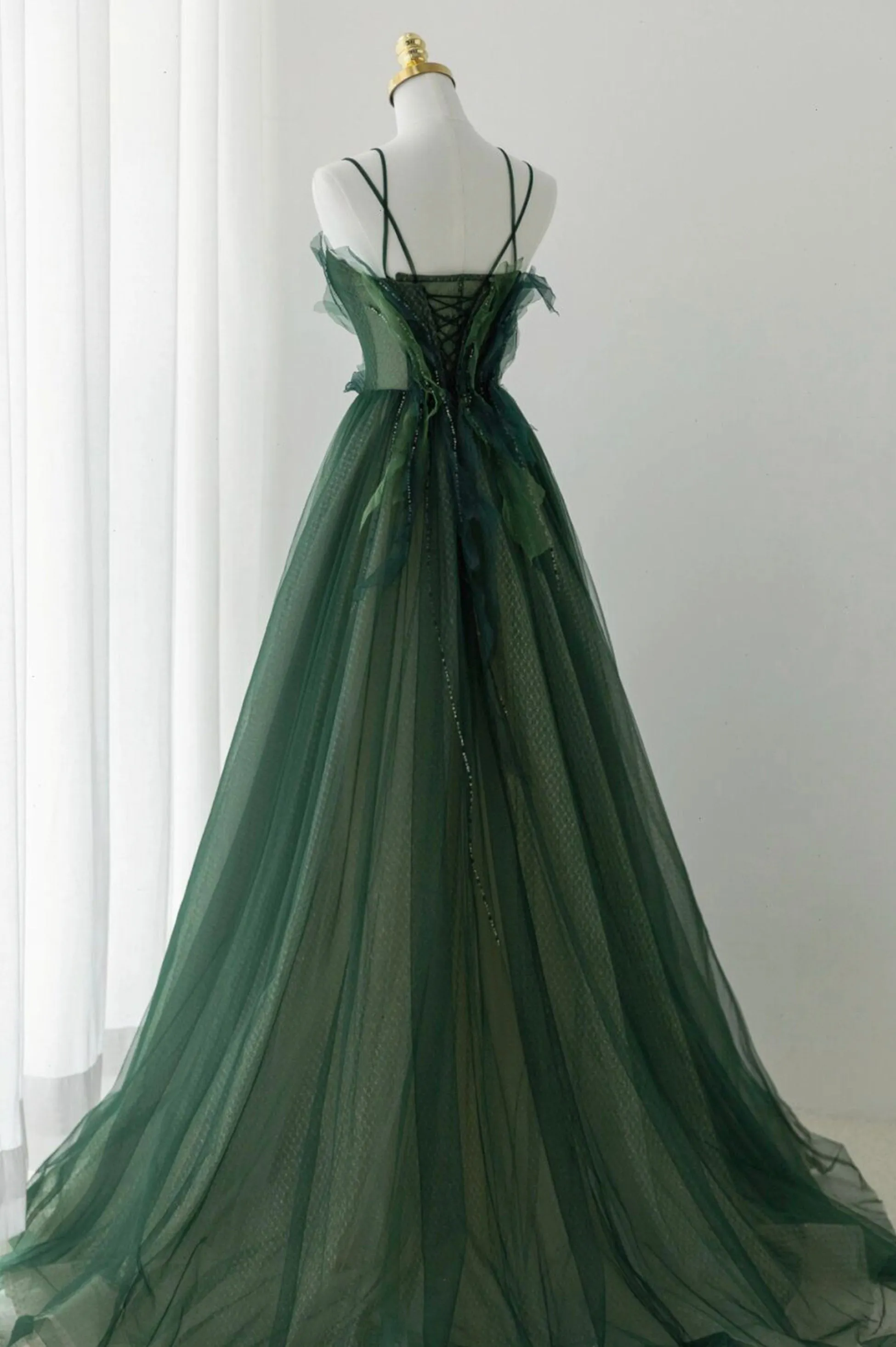 Green Tulle Long A-Line Prom Dress, Spaghetti Straps Evening Dress