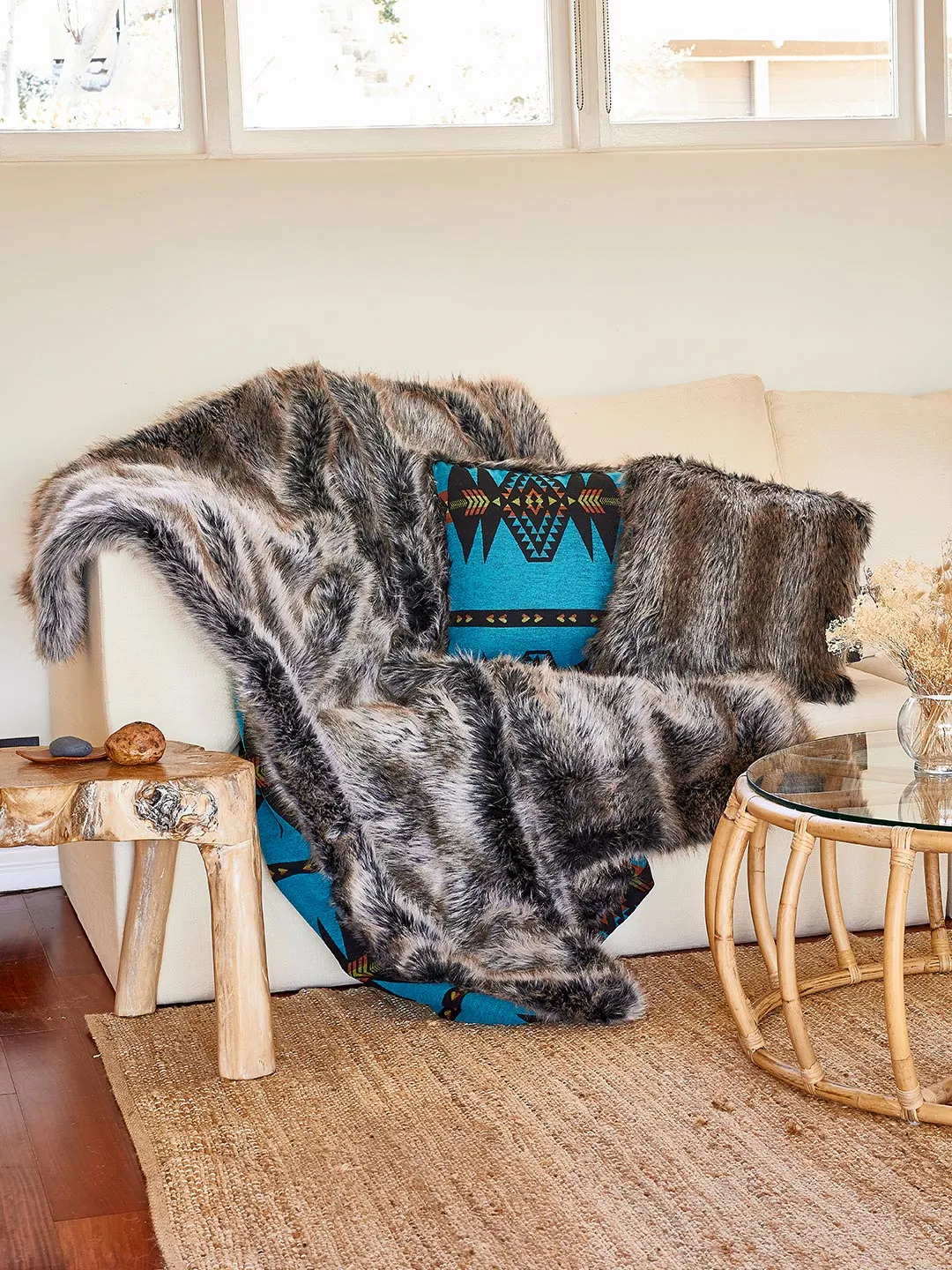 Grey Wolf Faux Fur Throw