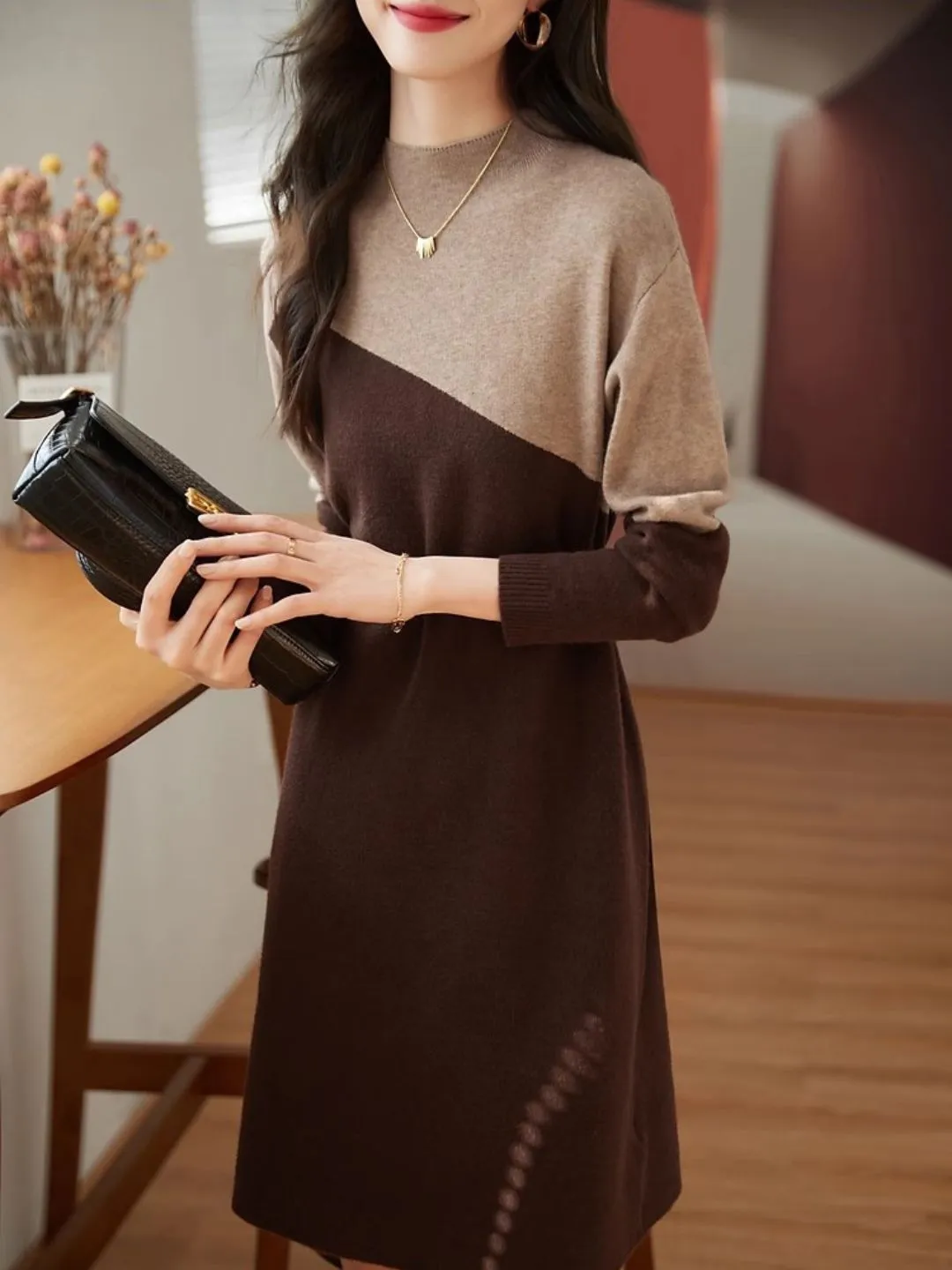 Half Turtleneck Knit Dress - Grey