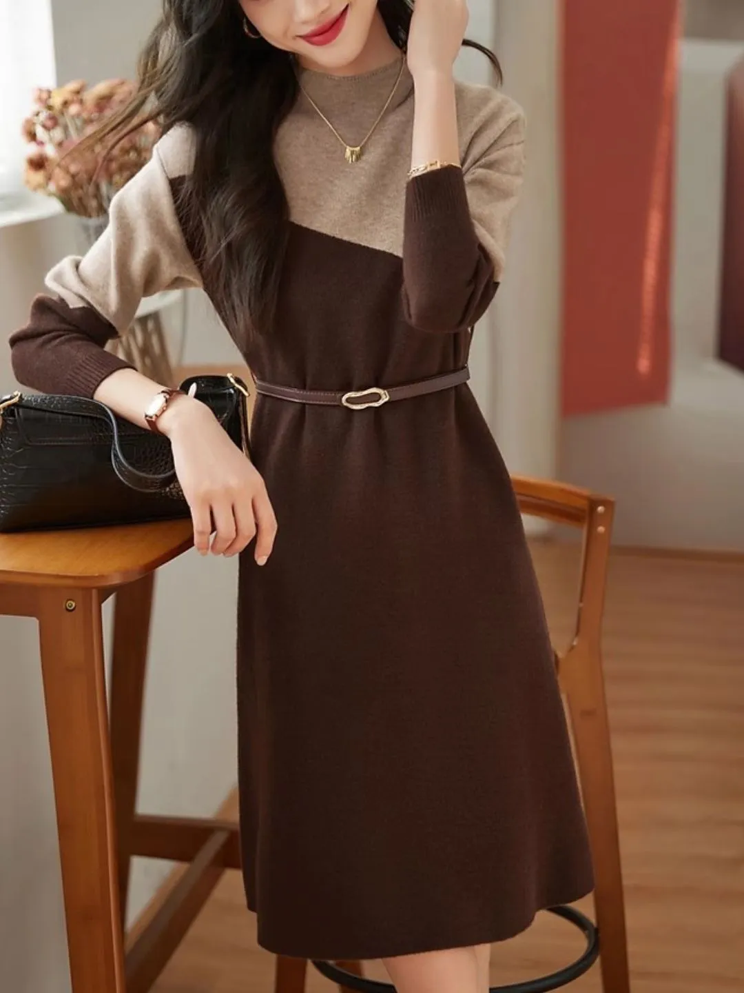 Half Turtleneck Knit Dress - Grey