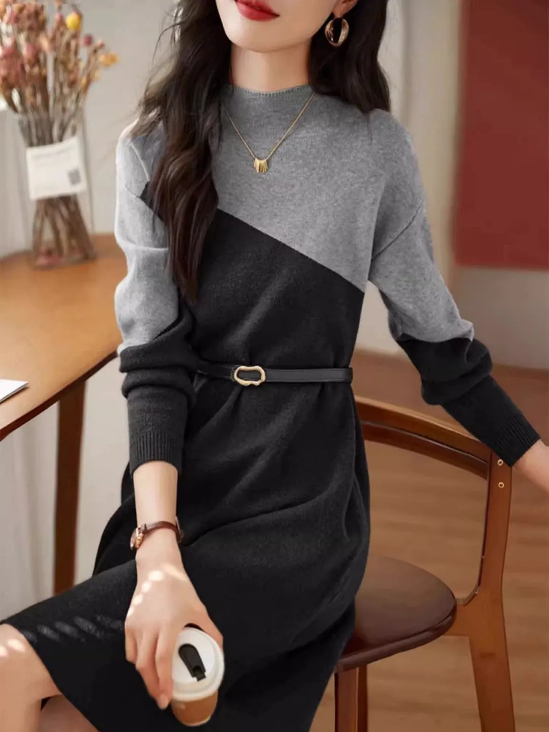 Half Turtleneck Knit Dress - Grey