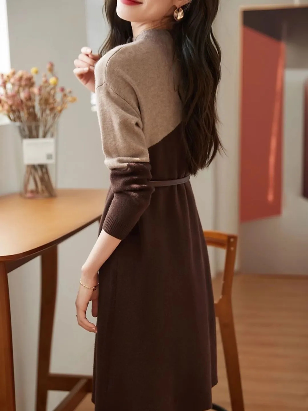 Half Turtleneck Knit Dress - Grey