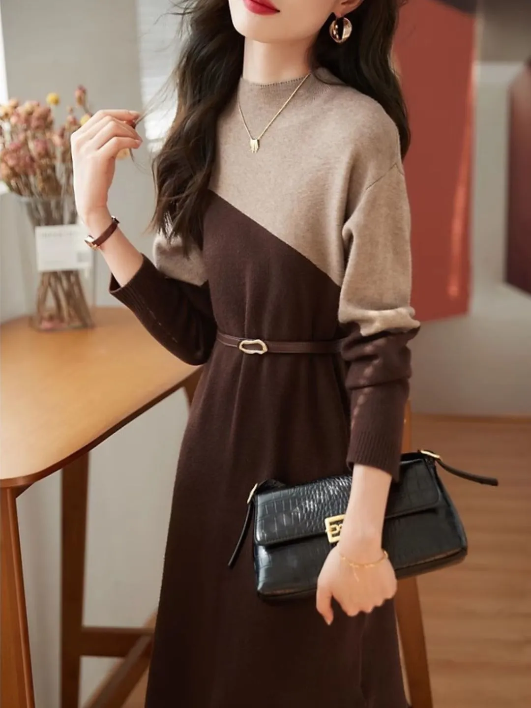 Half Turtleneck Knit Dress - Grey