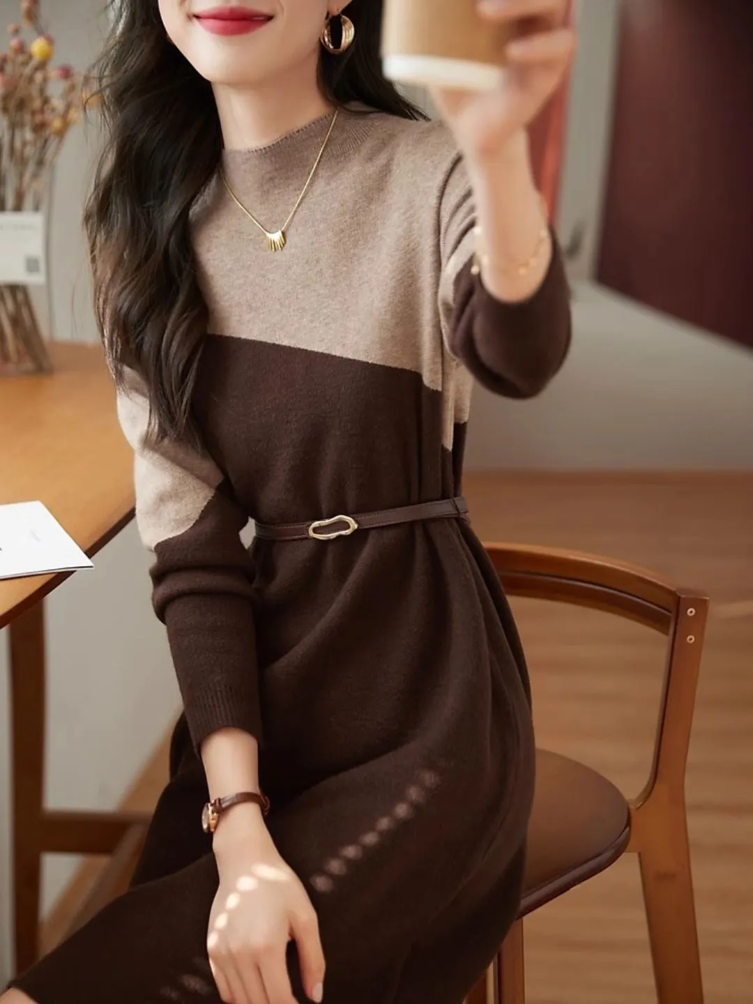 Half Turtleneck Knit Dress - Grey