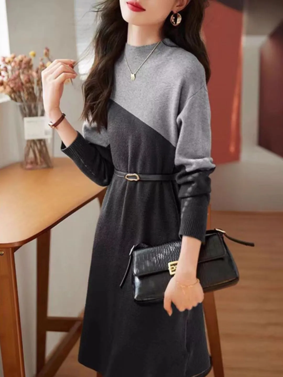 Half Turtleneck Knit Dress - Grey