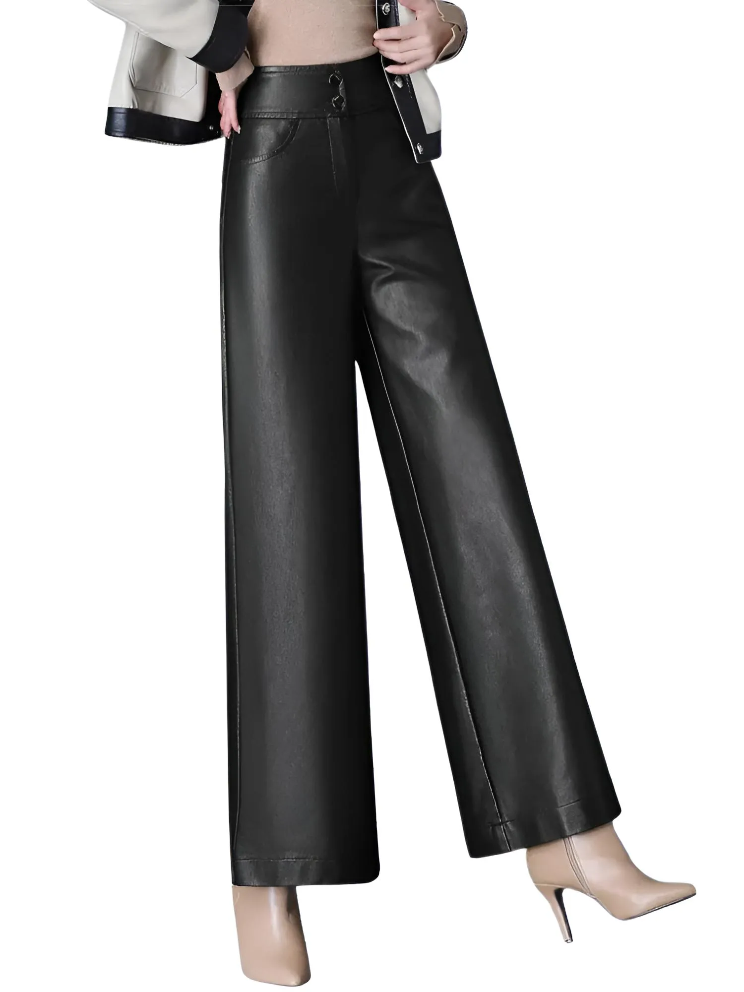 High Quality Faux Leather Women's Wide Leg Leather Pants Fashion Long Leather Pants Elegant Leather Trousers