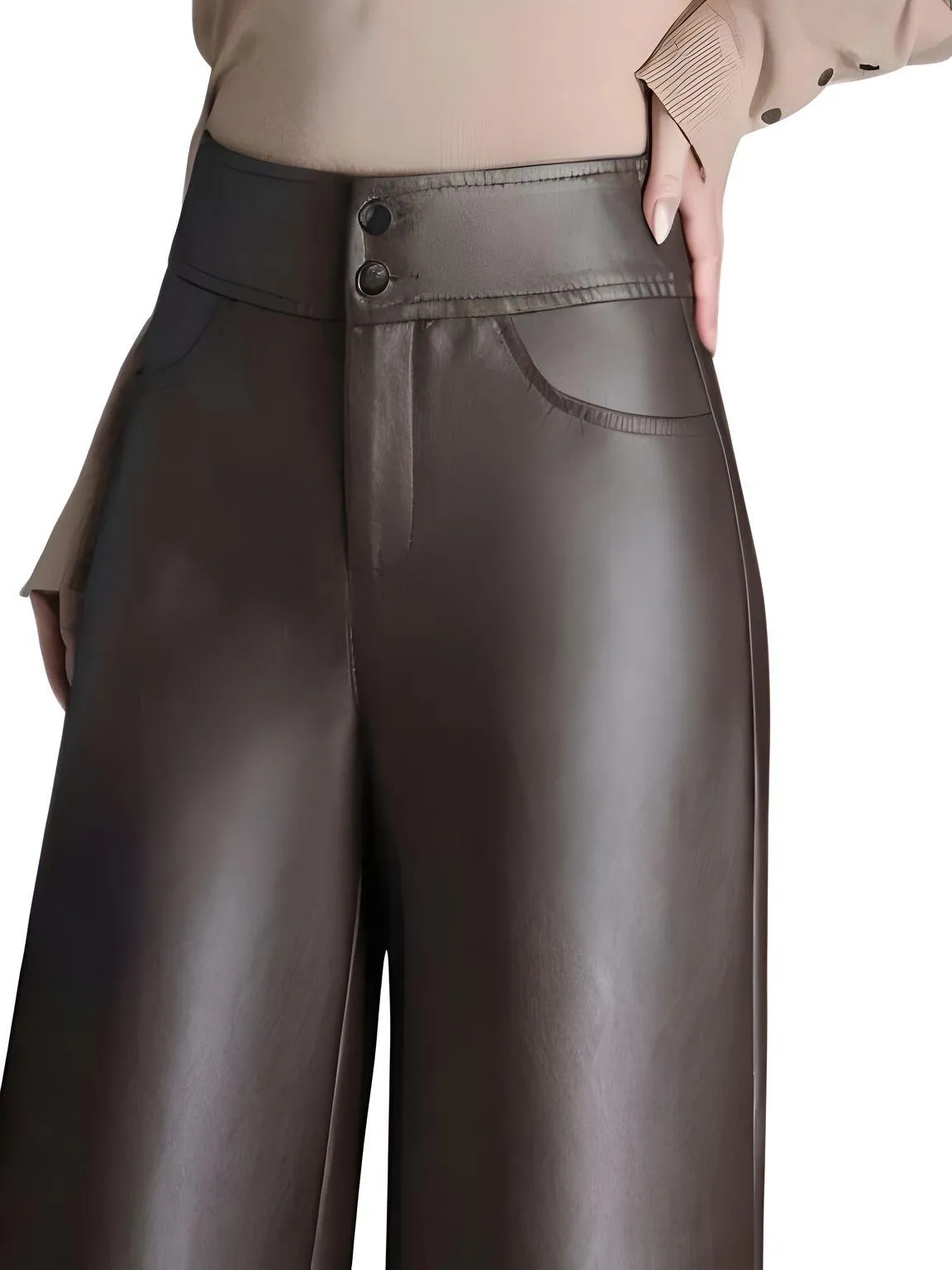 High Quality Faux Leather Women's Wide Leg Leather Pants Fashion Long Leather Pants Elegant Leather Trousers