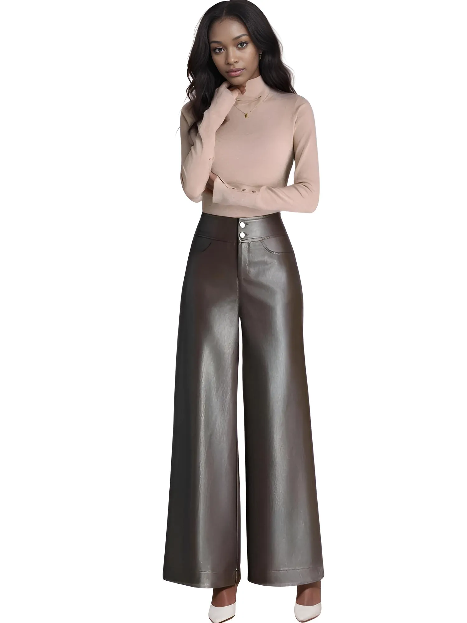 High Quality Faux Leather Women's Wide Leg Leather Pants Fashion Long Leather Pants Elegant Leather Trousers