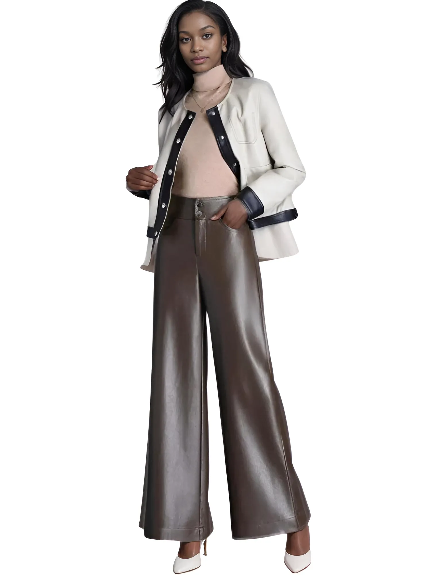 High Quality Faux Leather Women's Wide Leg Leather Pants Fashion Long Leather Pants Elegant Leather Trousers