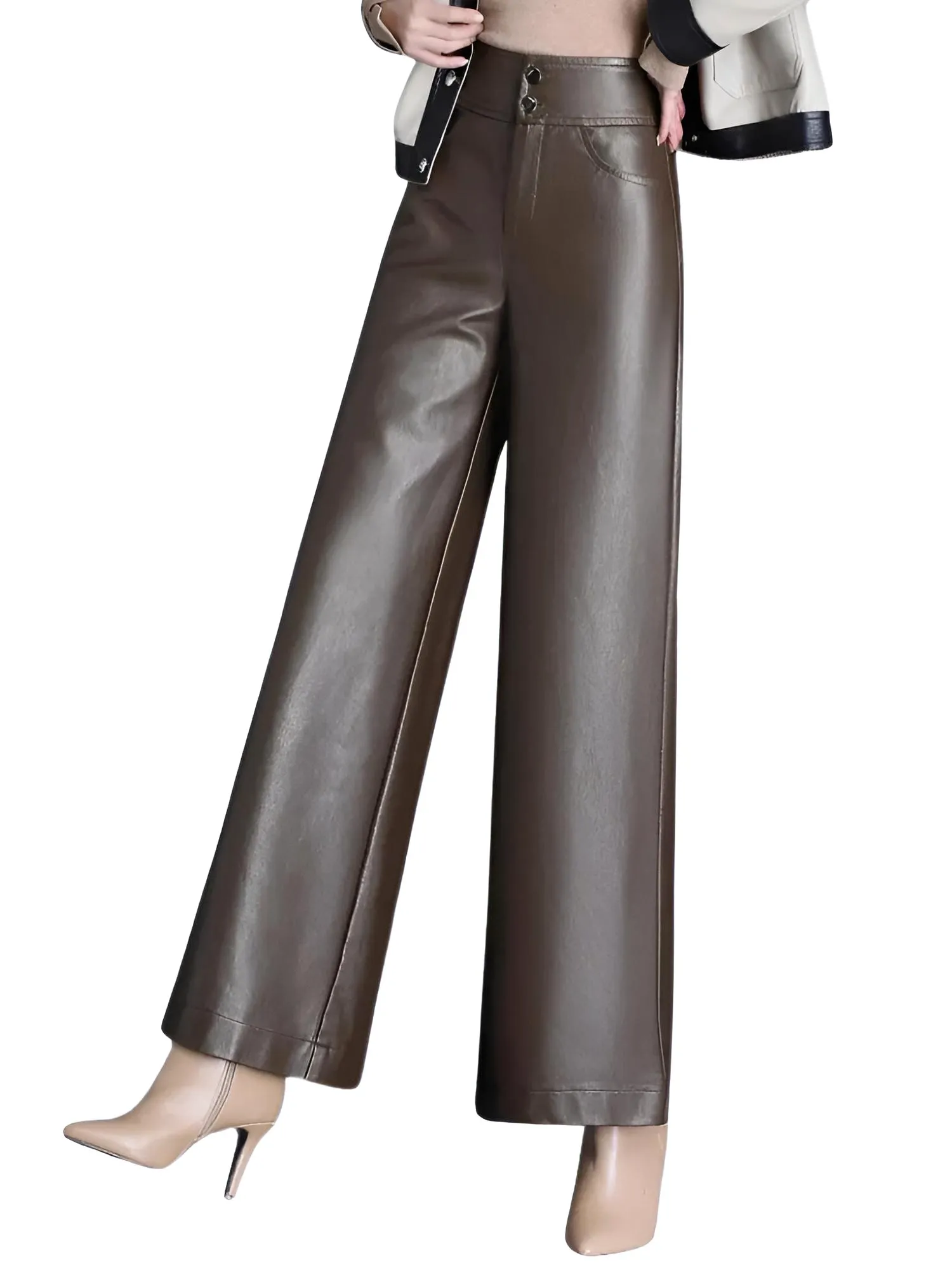 High Quality Faux Leather Women's Wide Leg Leather Pants Fashion Long Leather Pants Elegant Leather Trousers