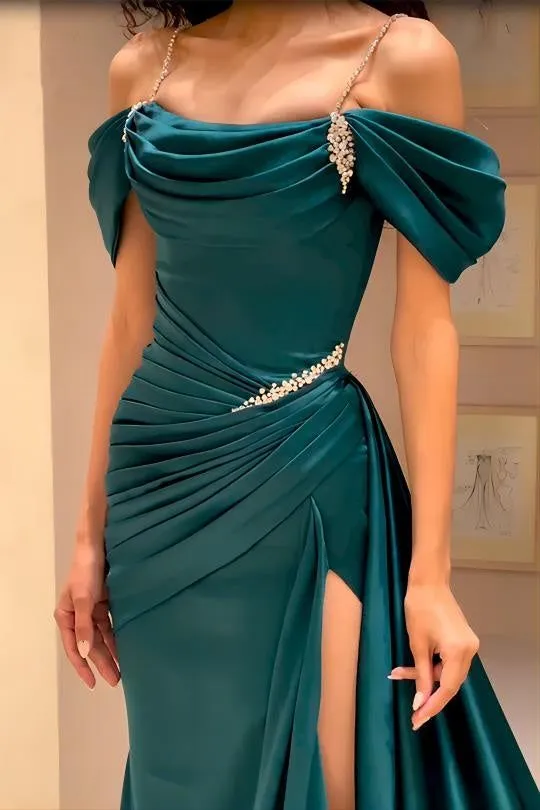 High Quality Off The Shoulder Dark Green Satin Prom Dresses Beaded Evening Gown       fg6209