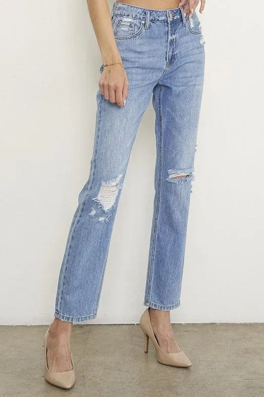 High Rise Distressed Girlfriend Jeans