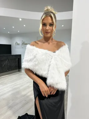 Honey Couture OLD MONEY White Faux Fur Wrap Shawl