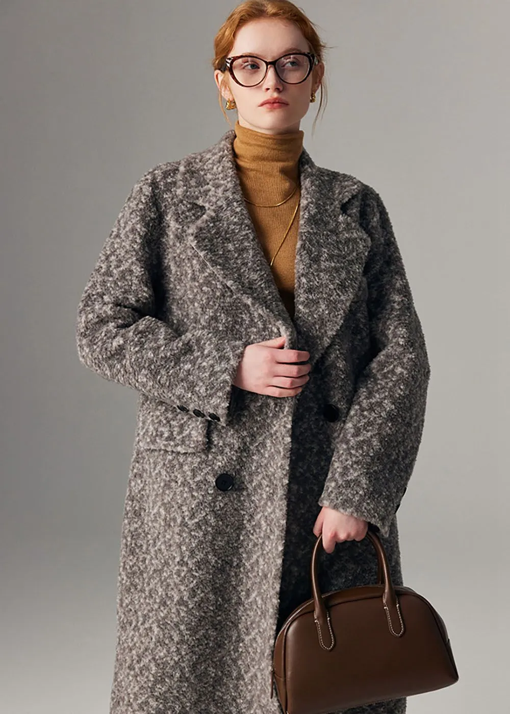 Jacquard Double Breasted Wool Fleece Long Coat