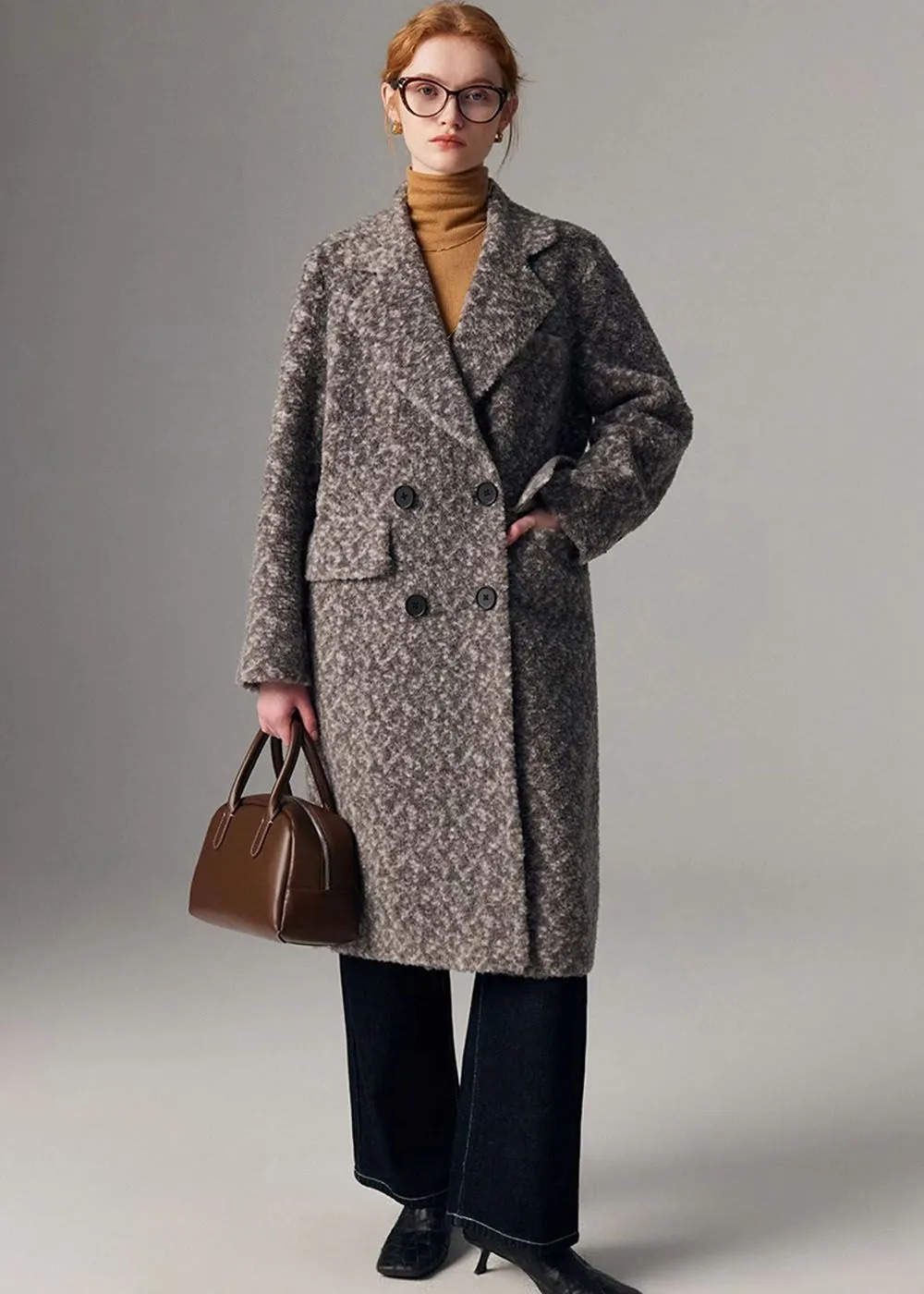 Jacquard Double Breasted Wool Fleece Long Coat