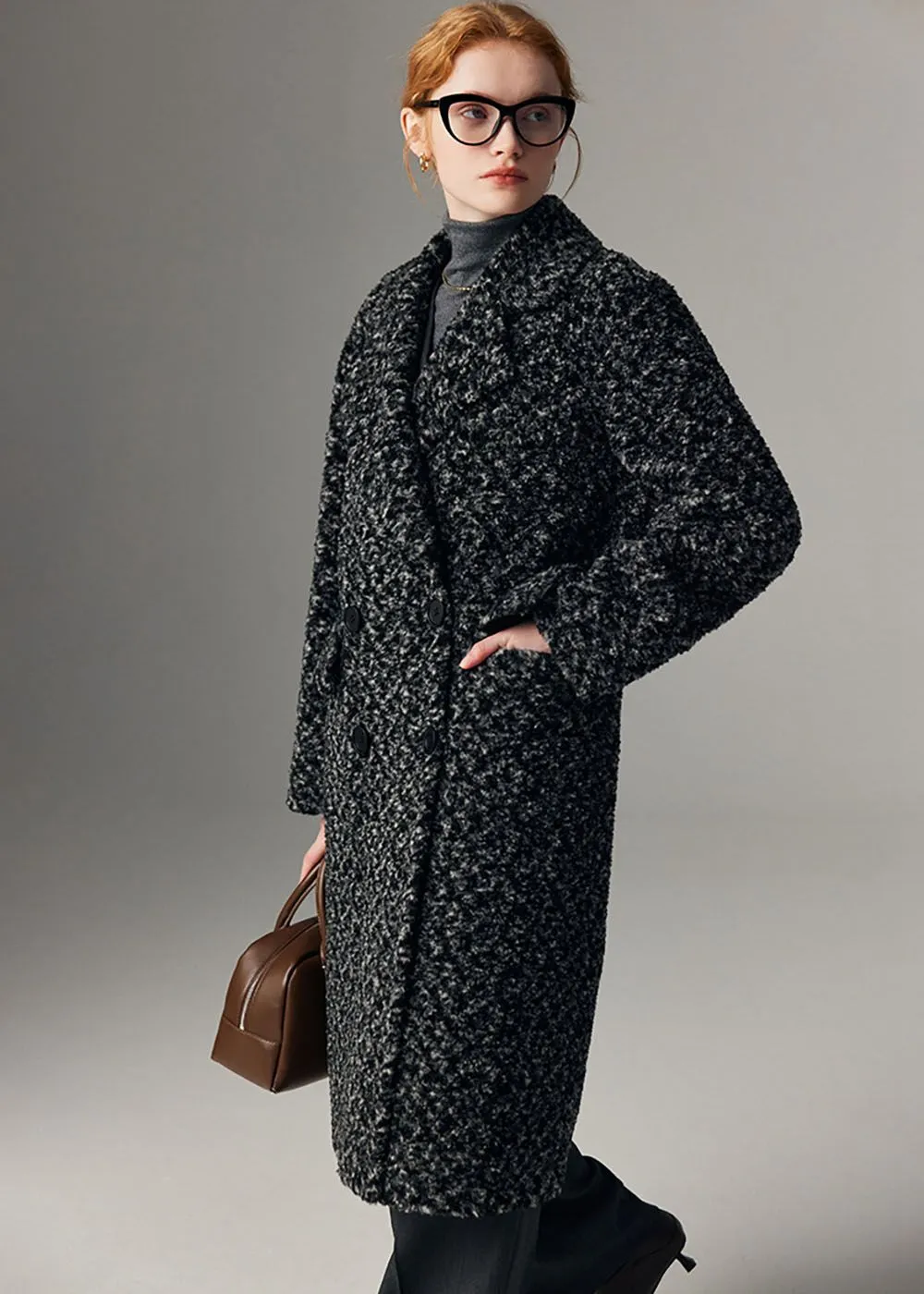 Jacquard Double Breasted Wool Fleece Long Coat