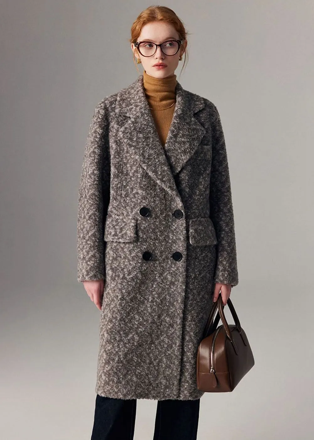 Jacquard Double Breasted Wool Fleece Long Coat