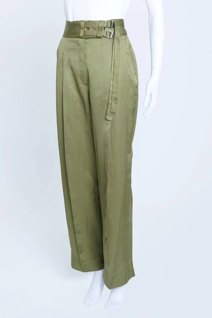 Khaki Linen Mix Straight Leg Trousers With Belt Detail