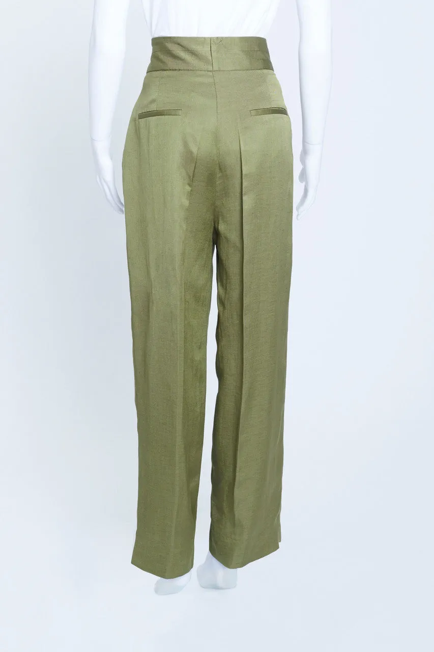 Khaki Linen Mix Straight Leg Trousers With Belt Detail