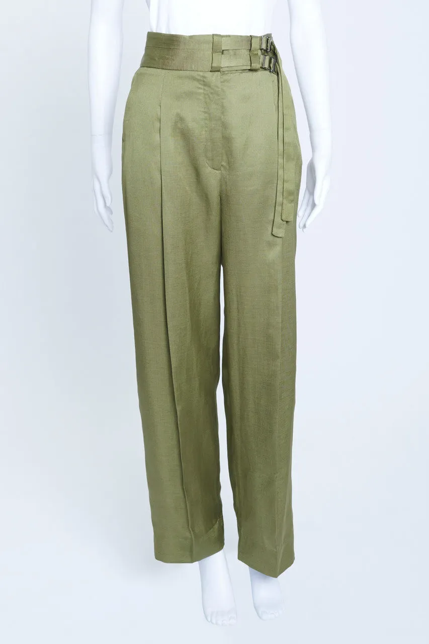 Khaki Linen Mix Straight Leg Trousers With Belt Detail