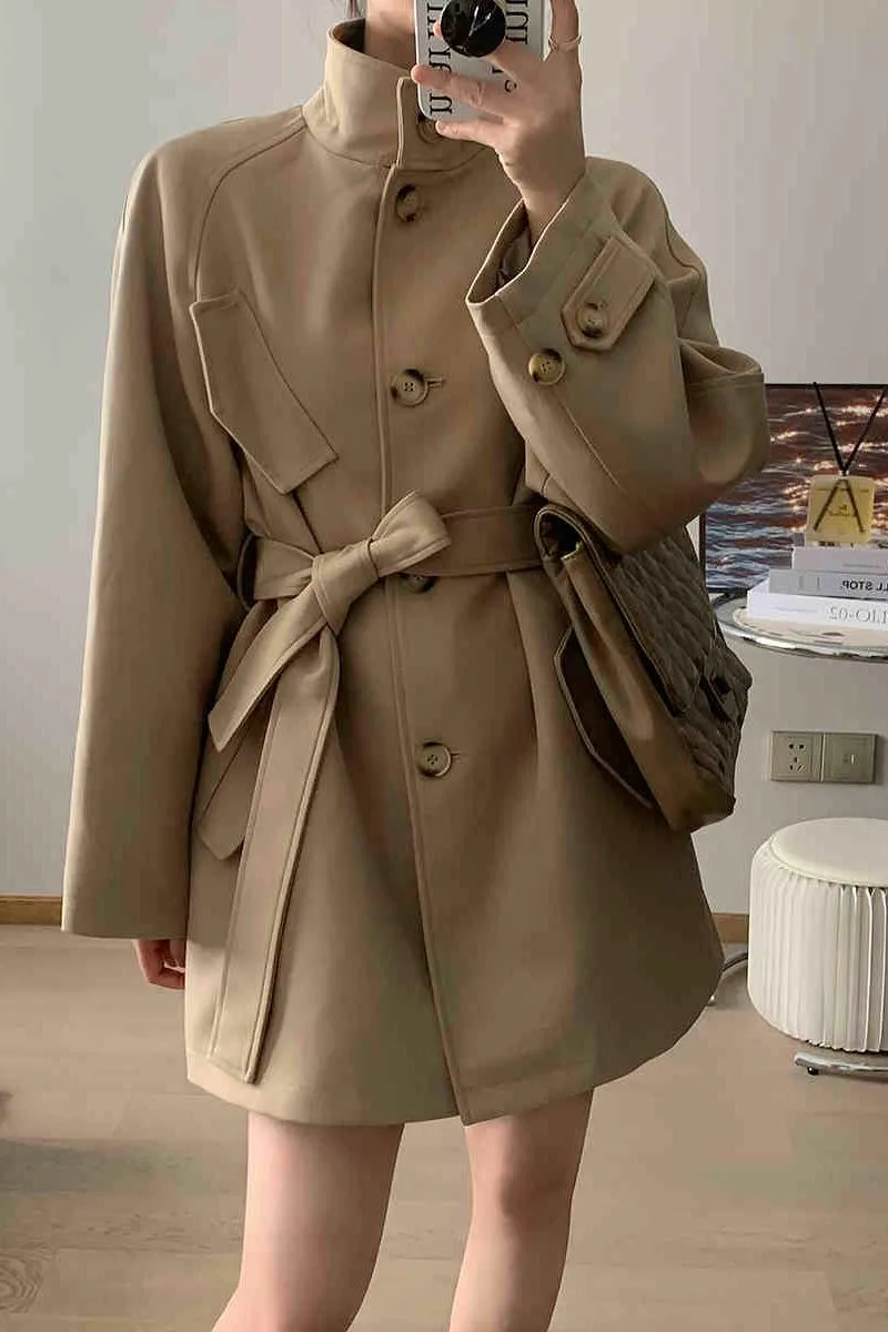 Khaki Single Breasted Trench Belted Coat