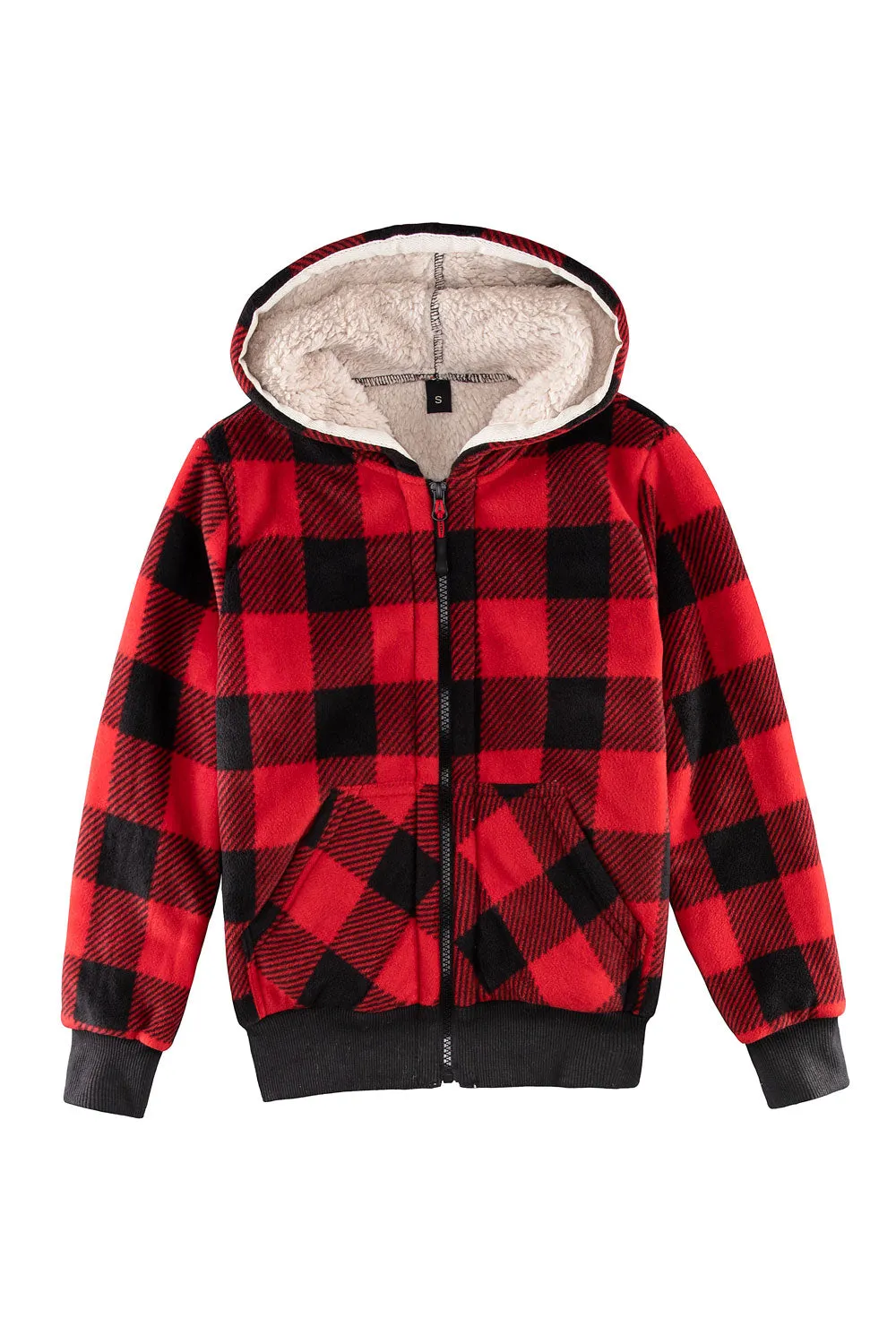 Kids Boys and Girls Sherpa Lined Full Zip Hooded Plaid Sweatshirt Jac