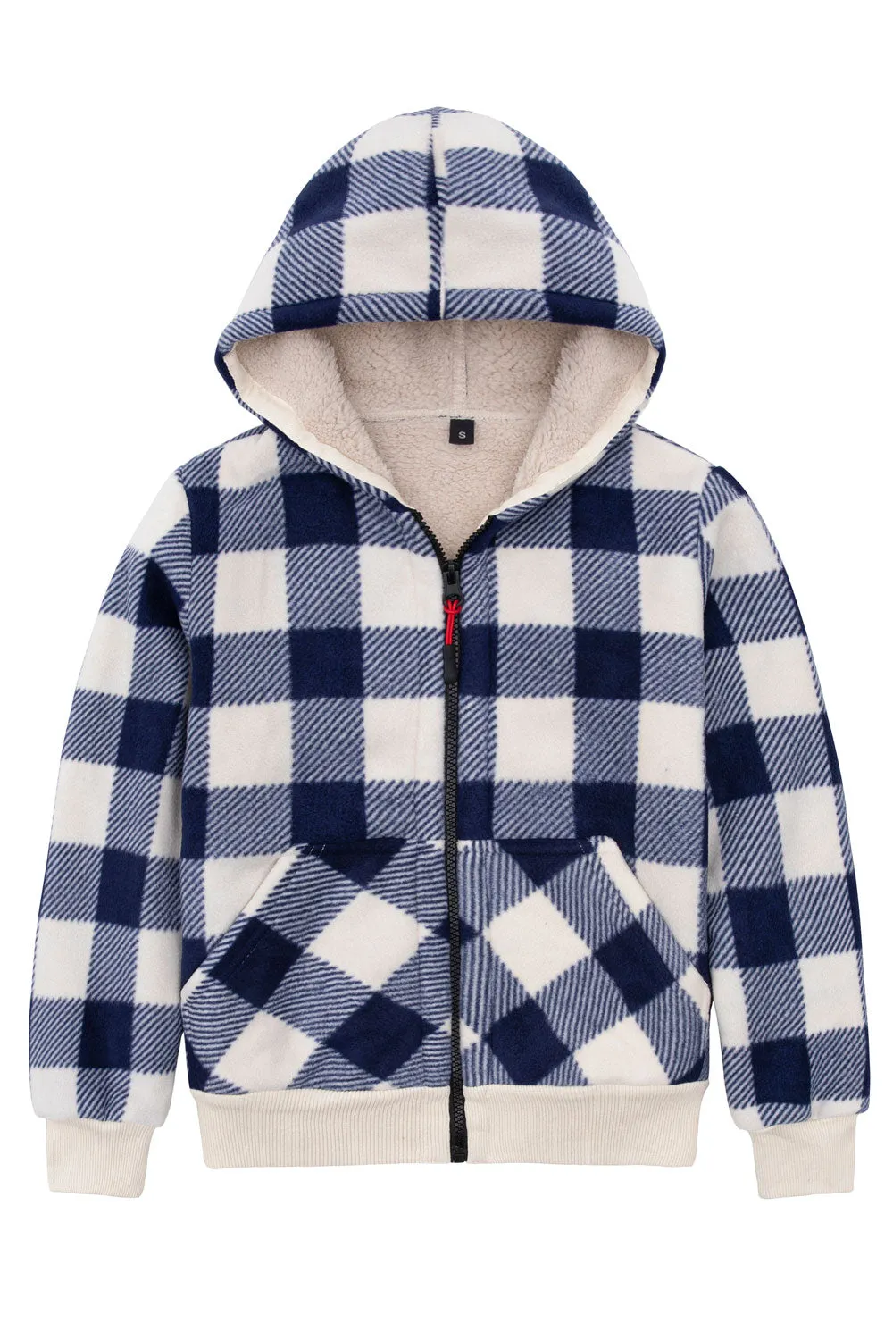 Kids Boys and Girls Sherpa Lined Full Zip Hooded Plaid Sweatshirt Jac