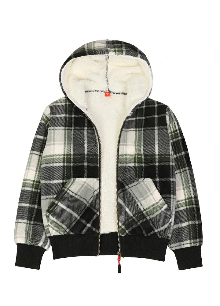 Kids Boys and Girls Sherpa Lined Full Zip Hooded Plaid Sweatshirt Jac