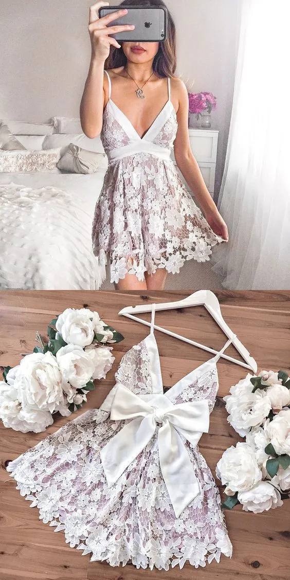 Lace Short Homecoming Dress | White Semi Formal Dress | Graduation Dress