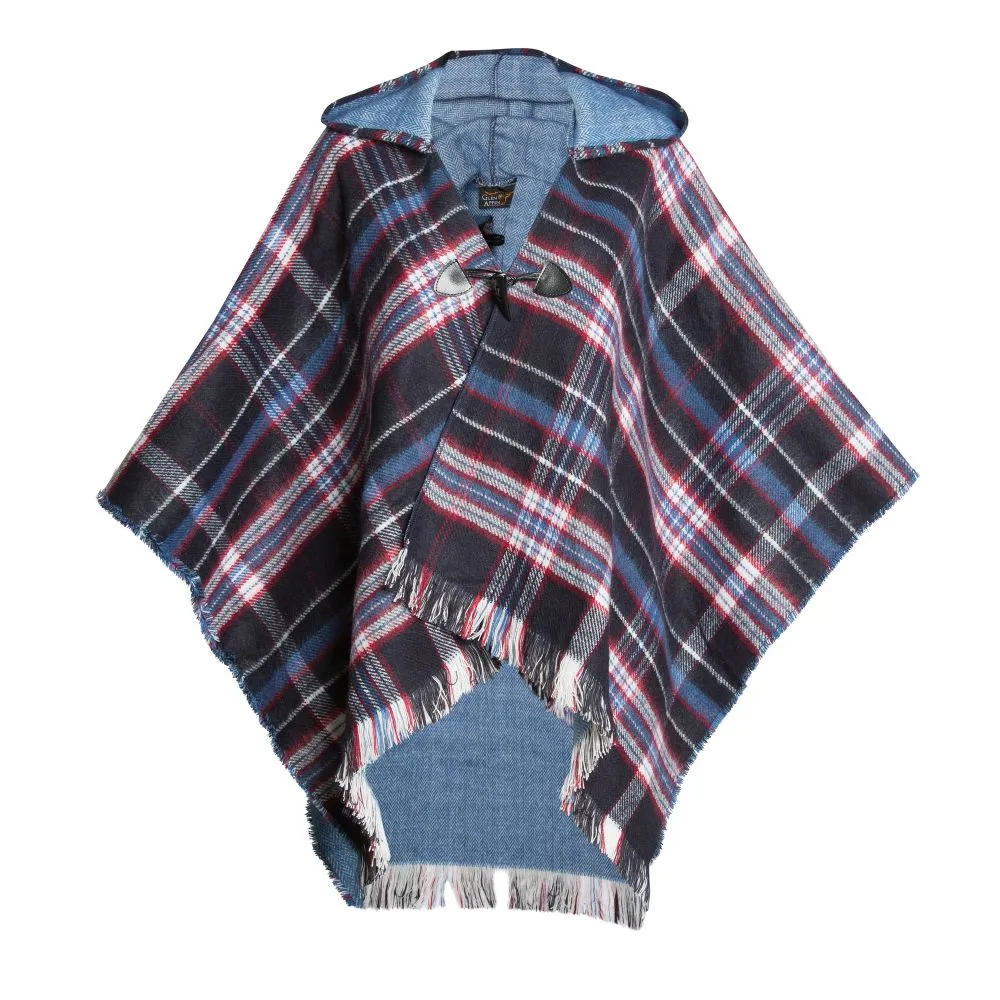 Ladies Hooded Tartan Poncho - Blue