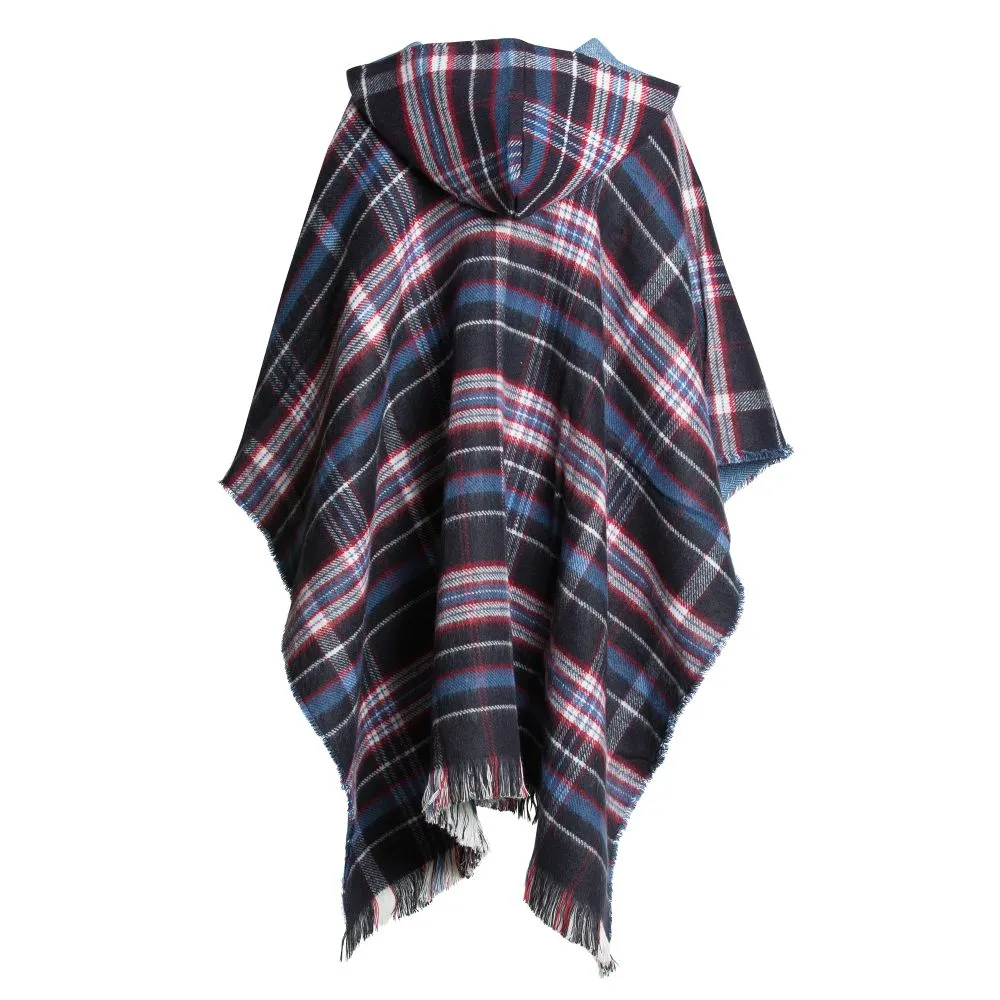 Ladies Hooded Tartan Poncho - Blue