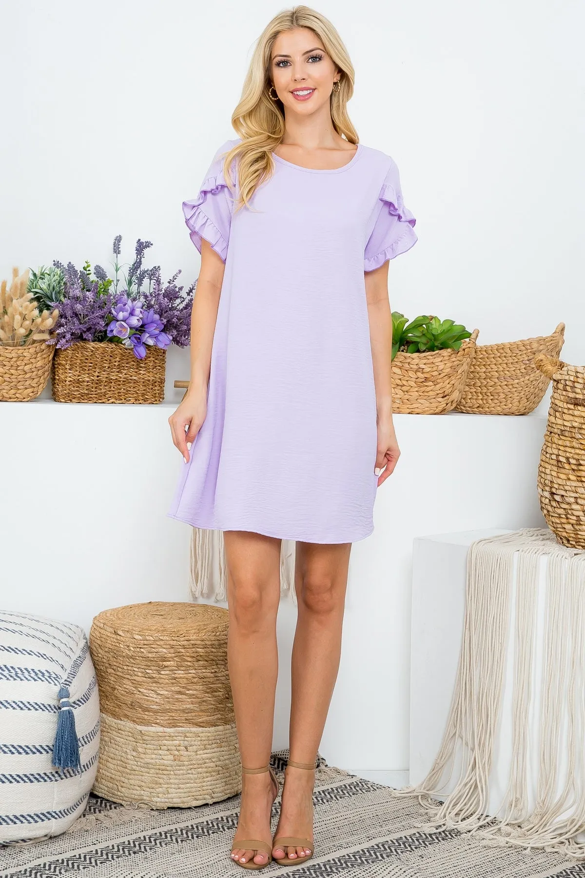 LAVENDER RUFFLE SHORT SLEEVE SHIFT DRESS