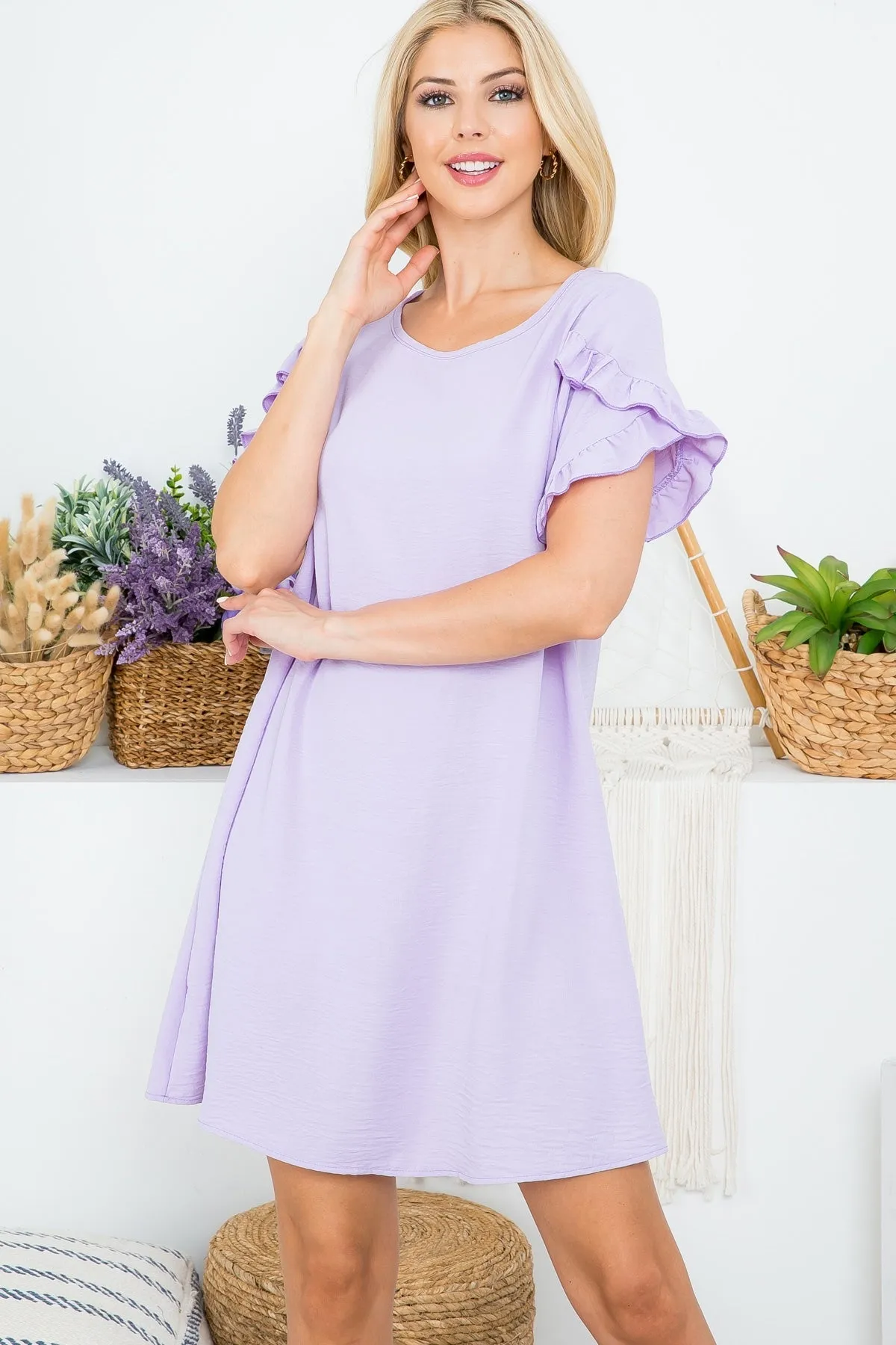 LAVENDER RUFFLE SHORT SLEEVE SHIFT DRESS