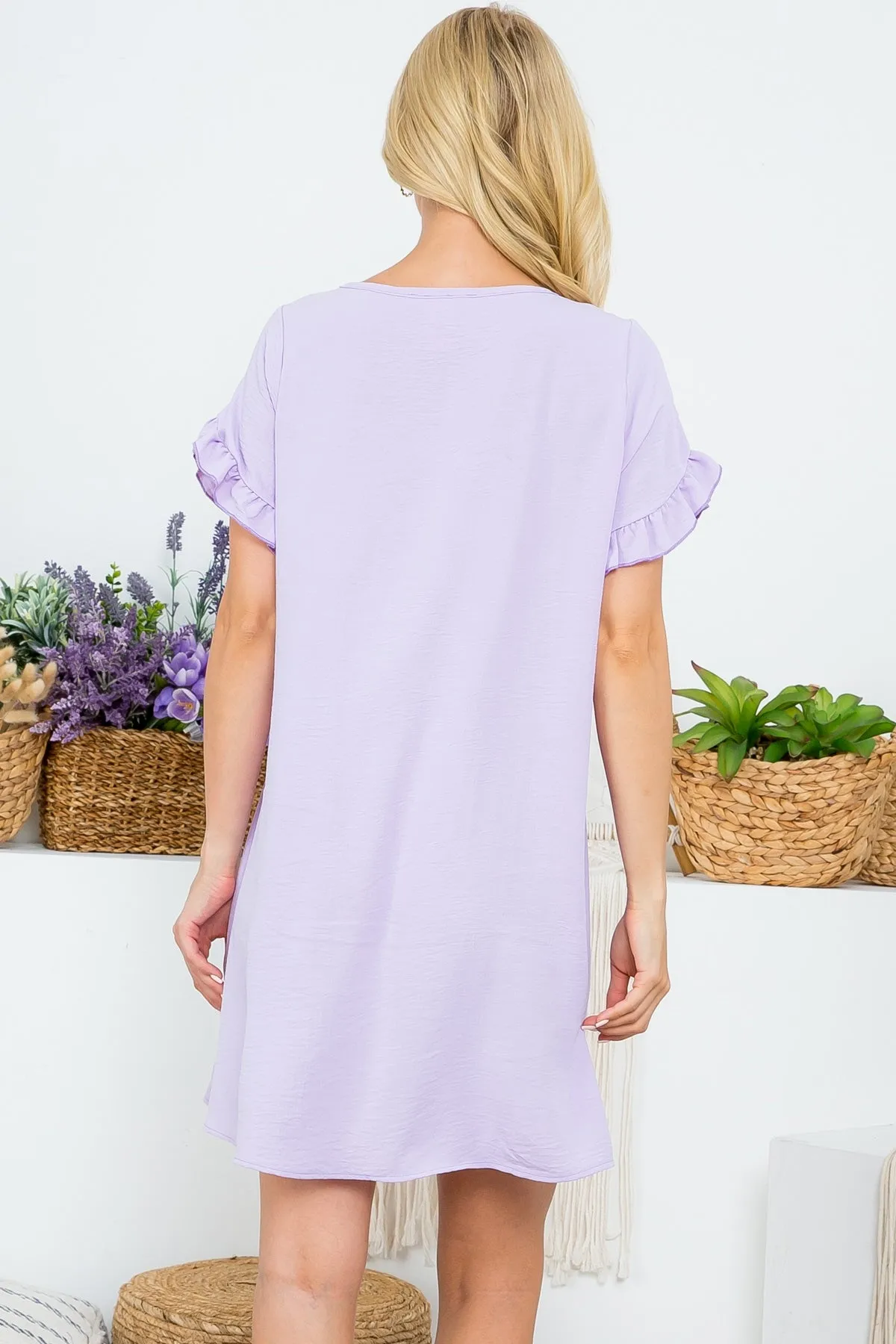 LAVENDER RUFFLE SHORT SLEEVE SHIFT DRESS