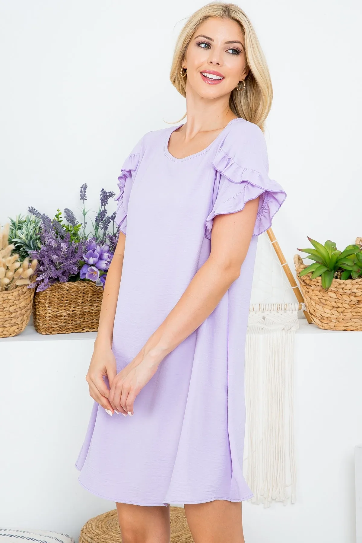 LAVENDER RUFFLE SHORT SLEEVE SHIFT DRESS