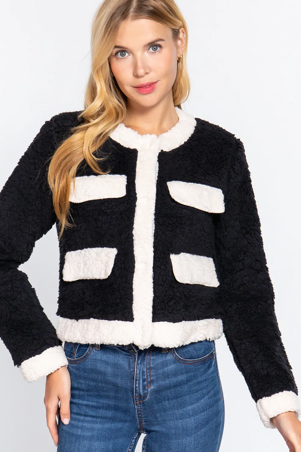 Long Sleeve Pocket Detail Faux Fur Jacket - 3 colors - Ships from The US