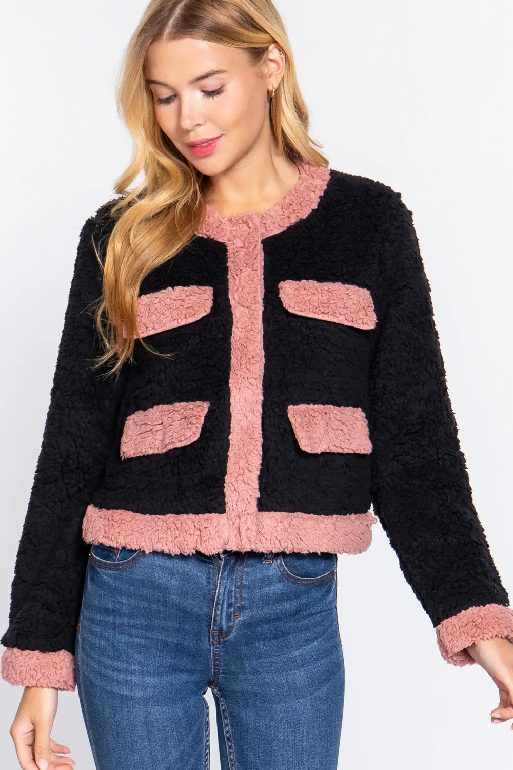 Long Sleeve Pocket Detail Faux Fur Jacket - 3 colors - Ships from The US