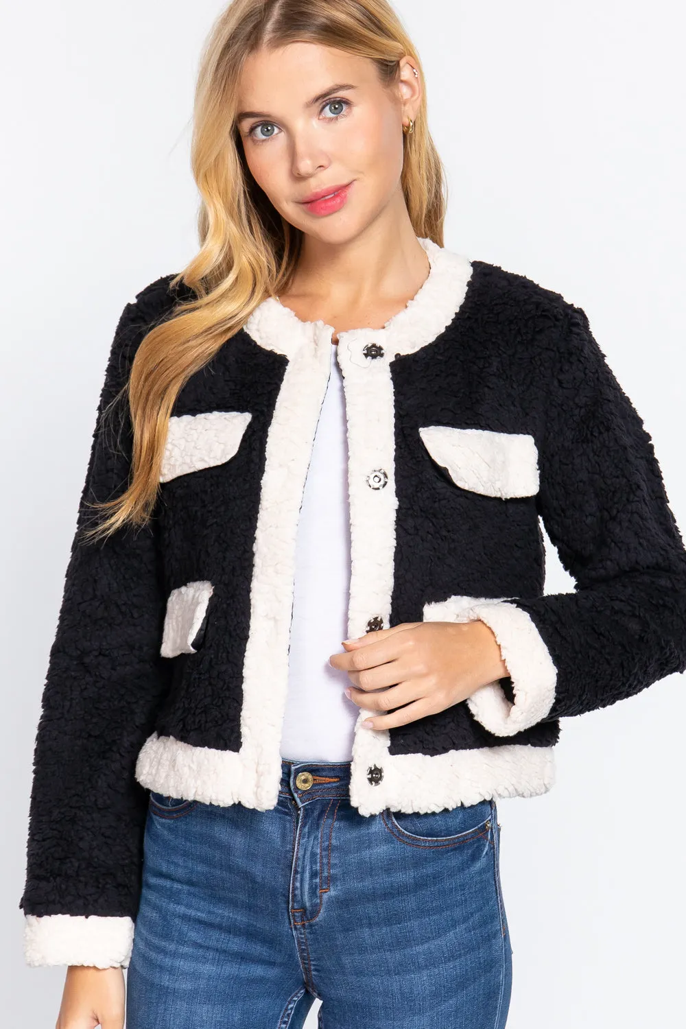 Long Sleeve Pocket Detail Faux Fur Jacket - 3 colors - Ships from The US