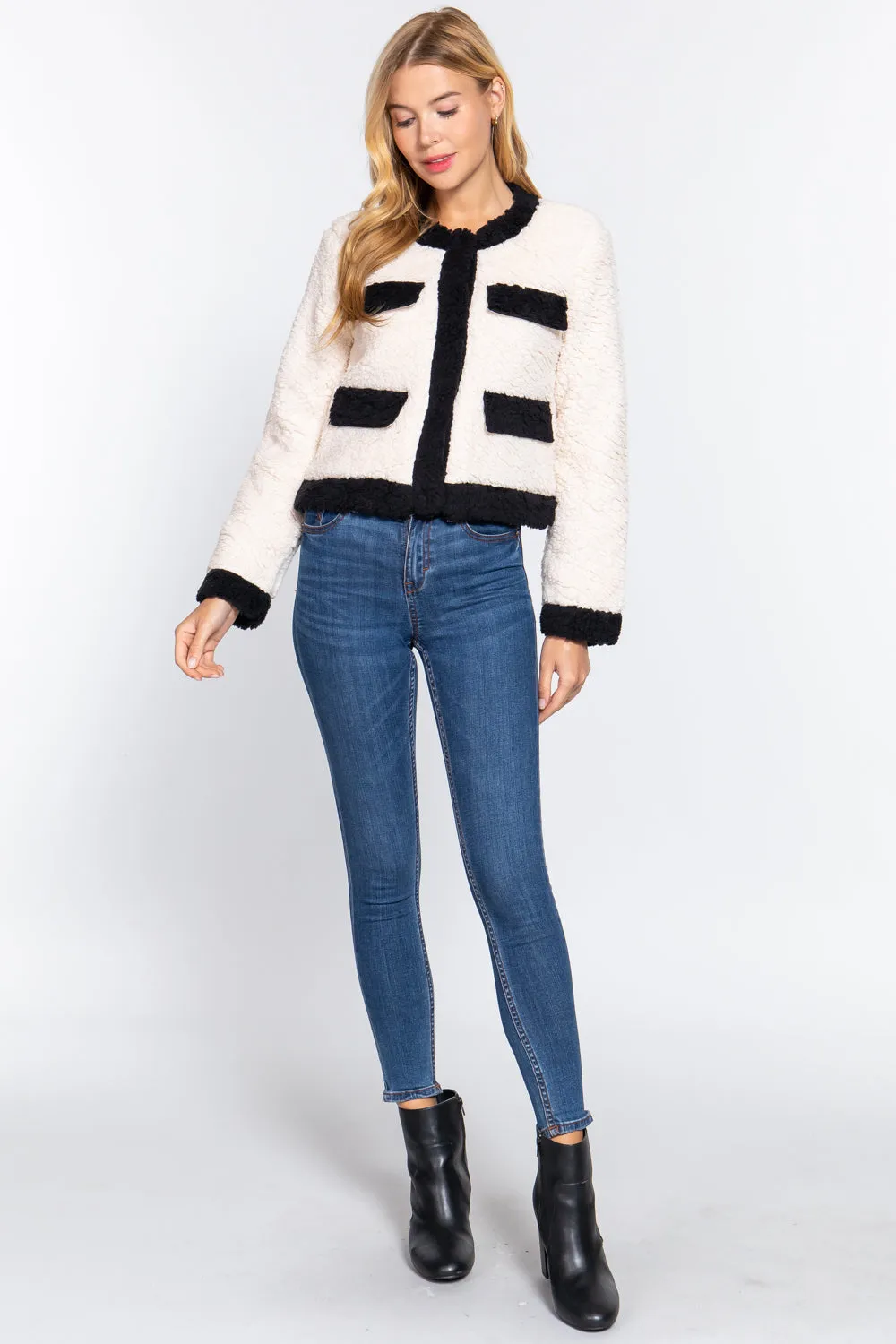 Long Sleeve Pocket Detail Faux Fur Jacket - 3 colors - Ships from The US