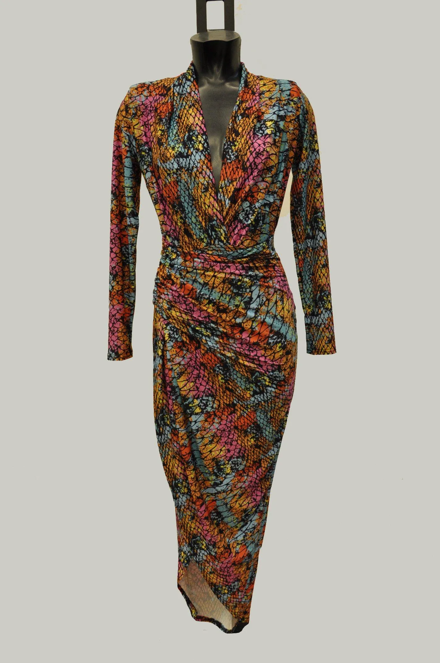 Long Sleeve Wrap Front Maxi Dress in Colourful Snake Print