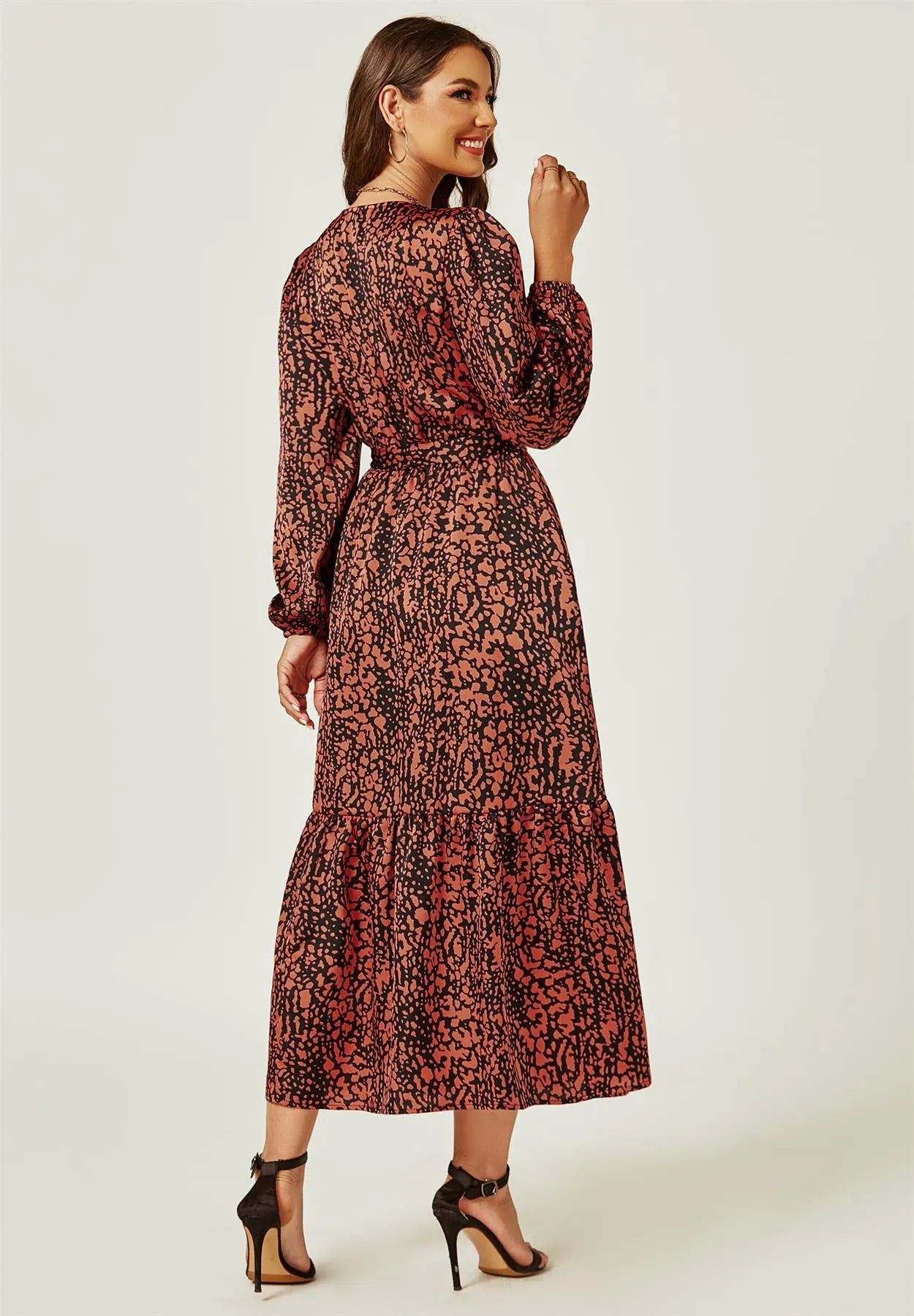 Long Sleeve Wrap Midi Dress In Rusty Red Animal Print