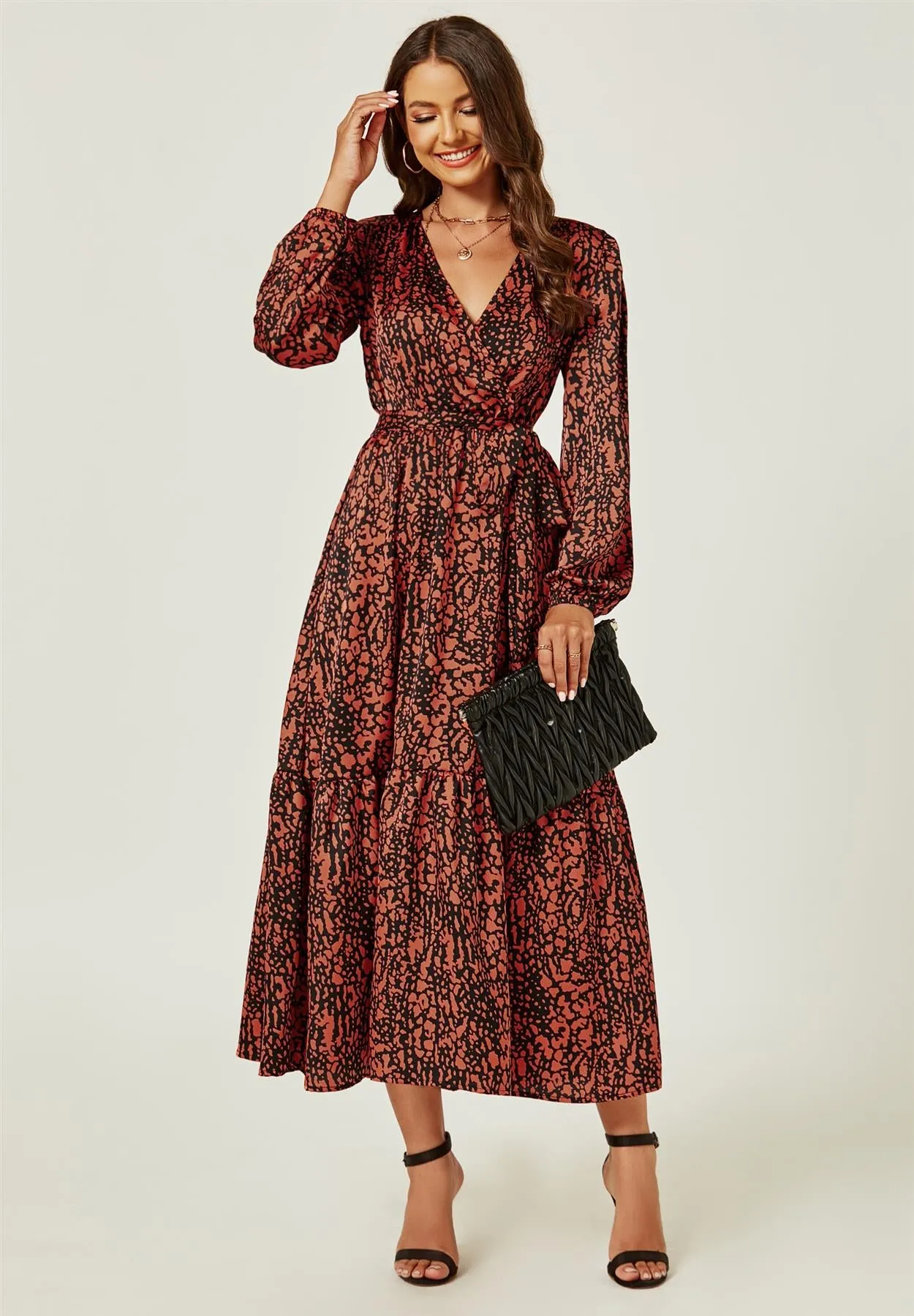 Long Sleeve Wrap Midi Dress In Rusty Red Animal Print