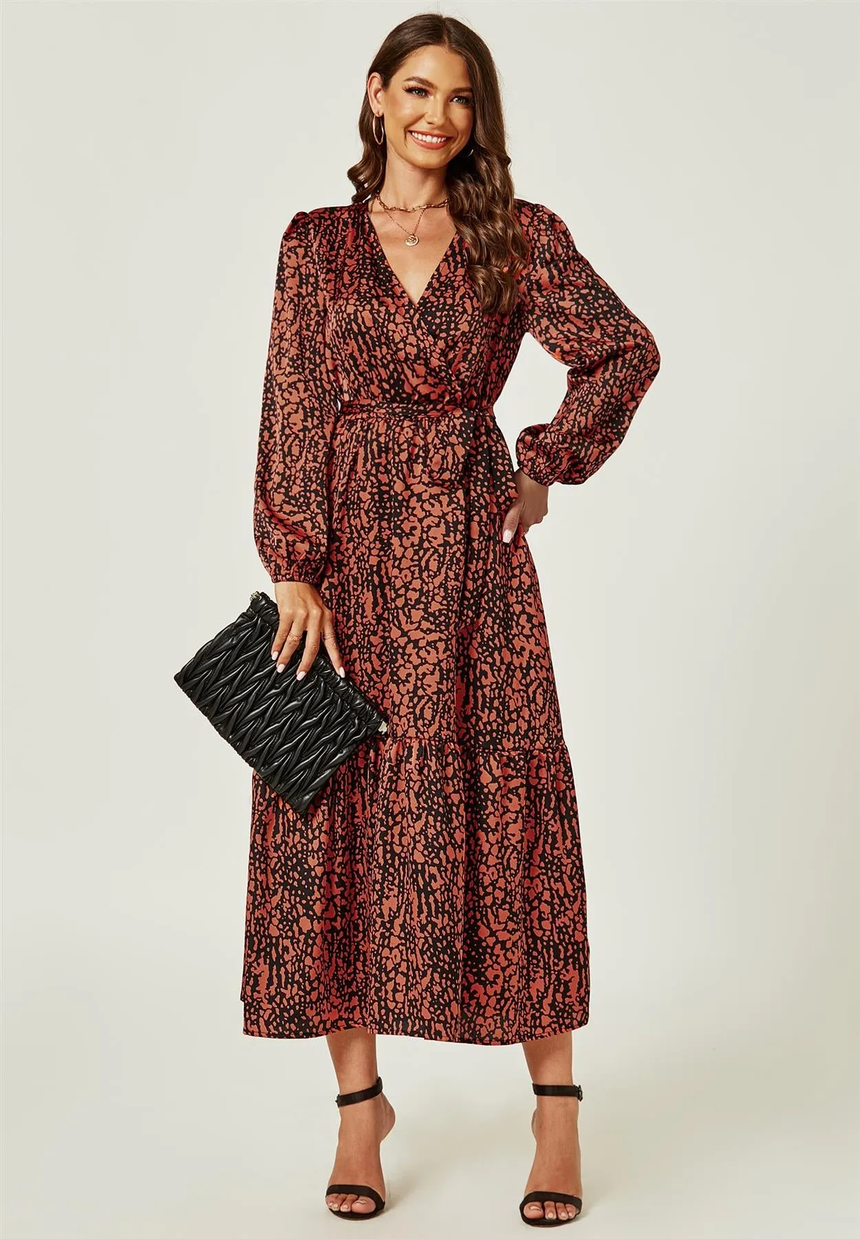 Long Sleeve Wrap Midi Dress In Rusty Red Animal Print