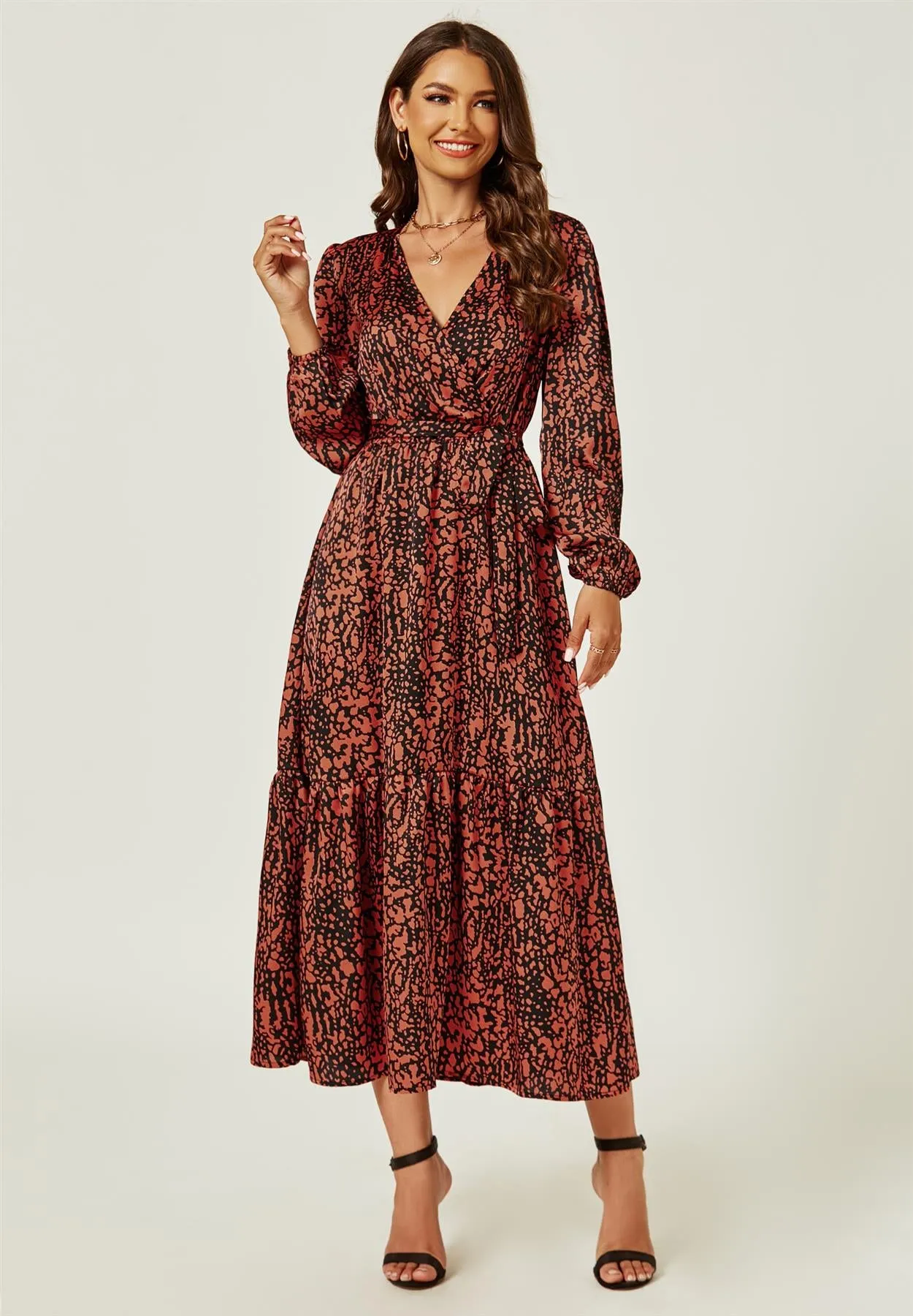 Long Sleeve Wrap Midi Dress In Rusty Red Animal Print