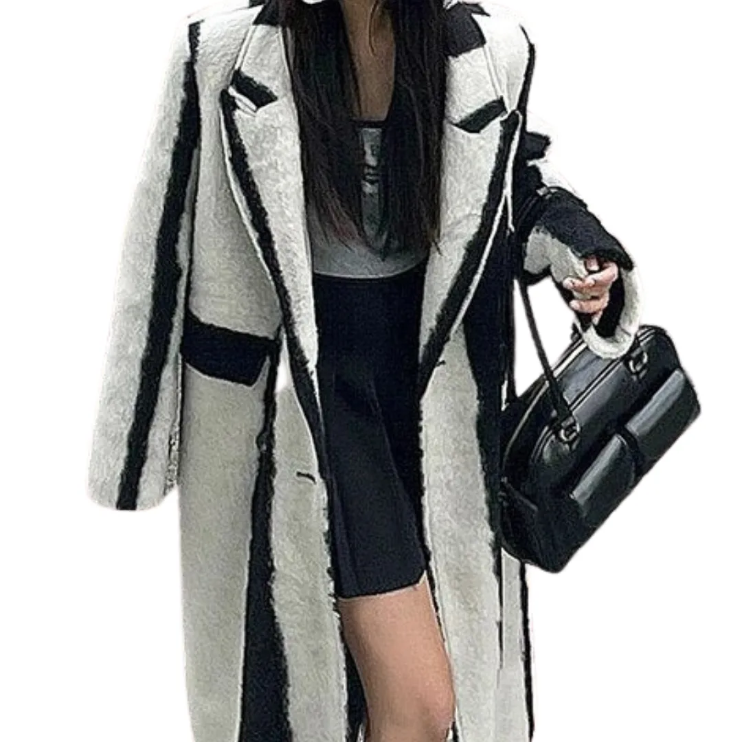 Long  Striped Wool Contrast Coat