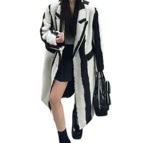 Long  Striped Wool Contrast Coat